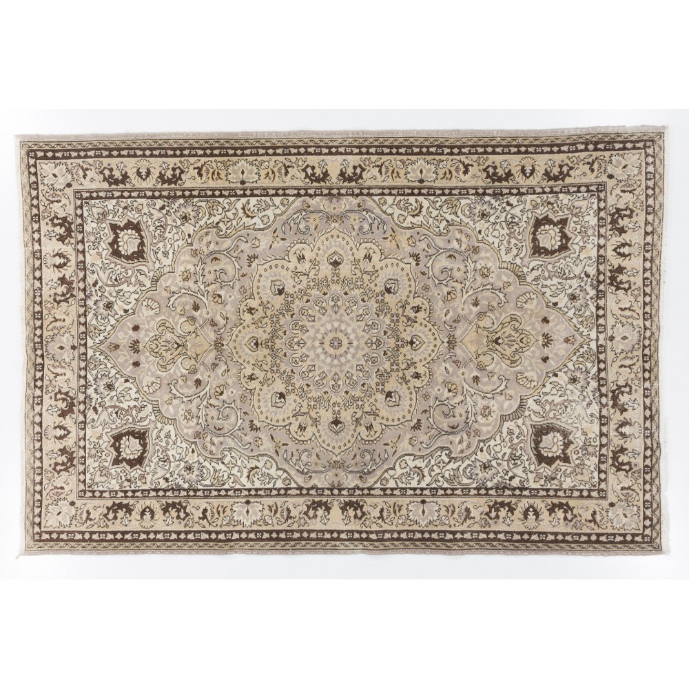 Hand Knotted Vintage Medallion Design Anatolian Rug in Neutral Colors