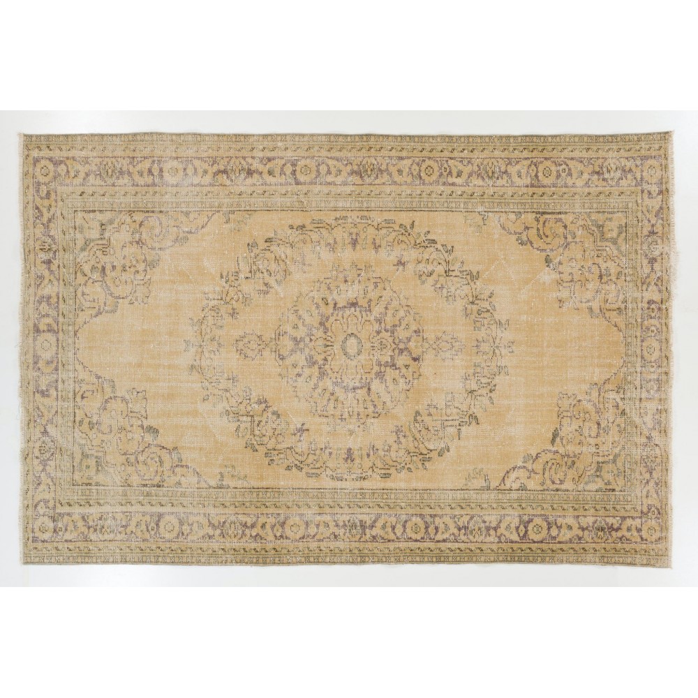 One of a Kind Vintage Hand Knotted Oushak Area Rug in Soft Colors. Wool Carpet