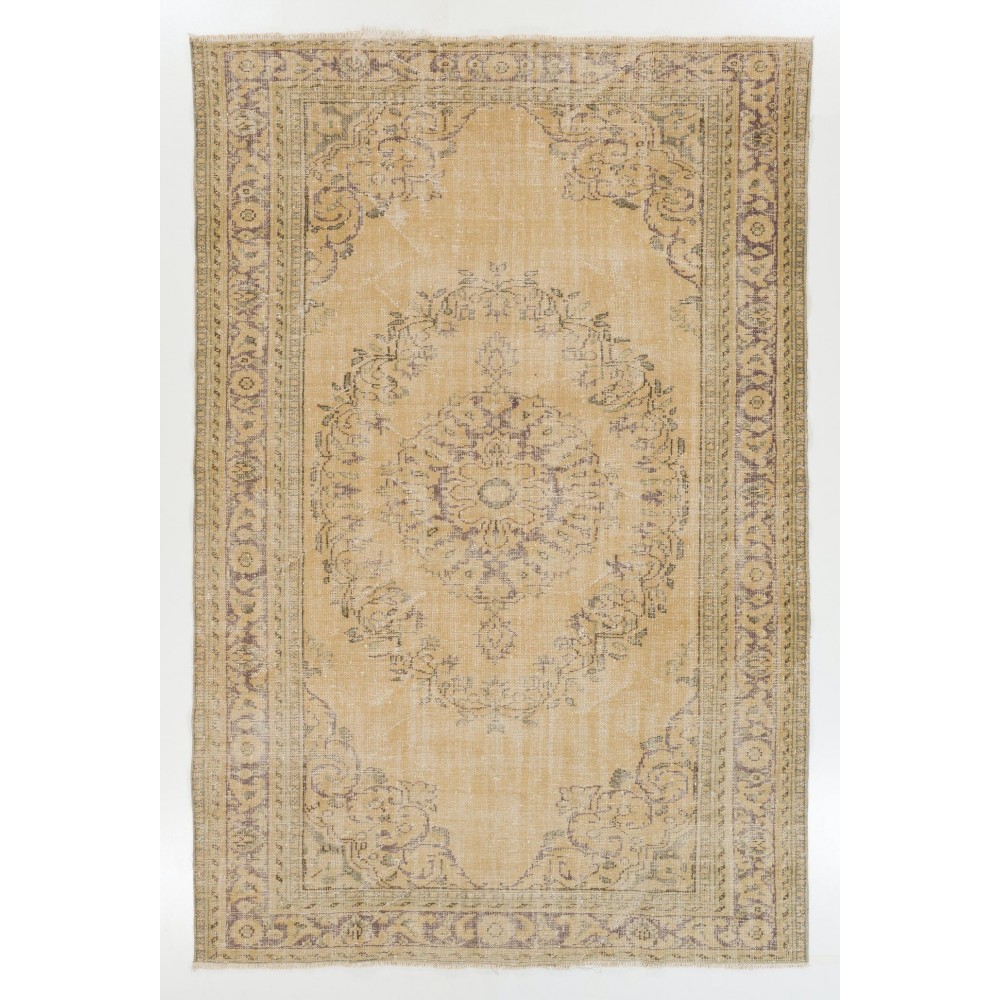 One of a Kind Vintage Hand Knotted Oushak Area Rug in Soft Colors. Wool Carpet
