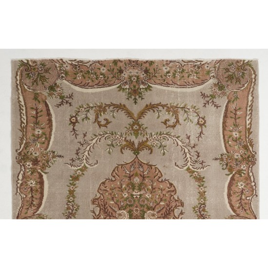 Aubusson-Inspired Vintage Turkish Handmade Wool Rug in Faded Rose, Gray