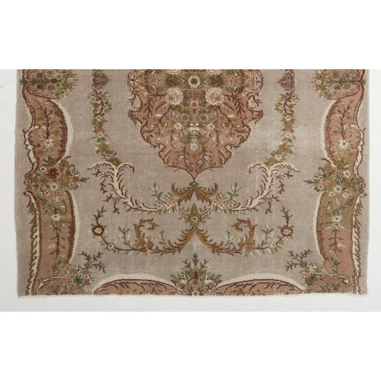 Aubusson-Inspired Vintage Turkish Handmade Wool Rug in Faded Rose, Gray
