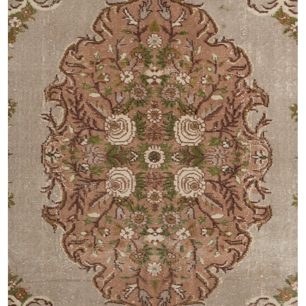 Aubusson-Inspired Vintage Turkish Handmade Wool Rug in Faded Rose, Gray