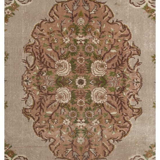 Aubusson-Inspired Vintage Turkish Handmade Wool Rug in Faded Rose, Gray