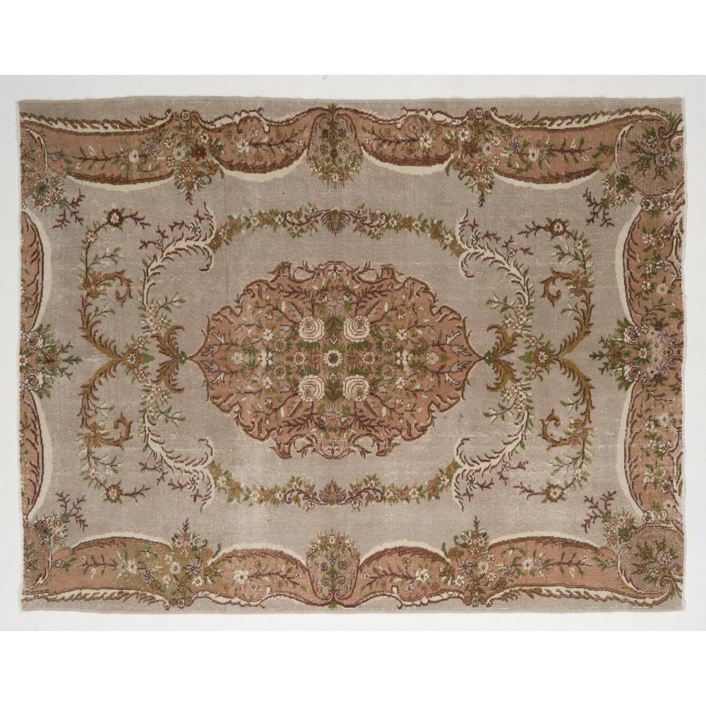 Aubusson-Inspired Vintage Turkish Handmade Wool Rug in Faded Rose, Gray