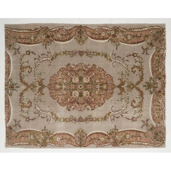 Aubusson-Inspired Vintage Turkish Handmade Wool Rug in Faded Rose, Gray Aubusson-Inspired Vintage Turkish Handmade Wool Rug in Faded Rose, Gray