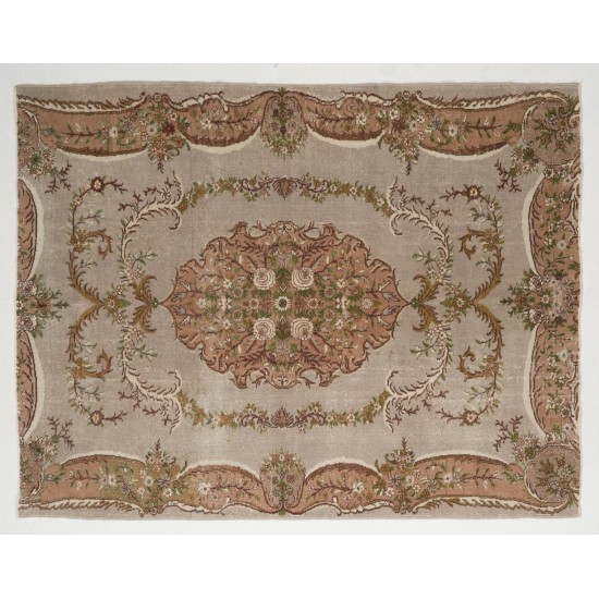 Aubusson-Inspired Vintage Turkish Handmade Wool Rug in Faded Rose, Gray