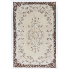 Vintage Handknotted Neutral Beige Turkish Wool Area Rug with Medallion Design