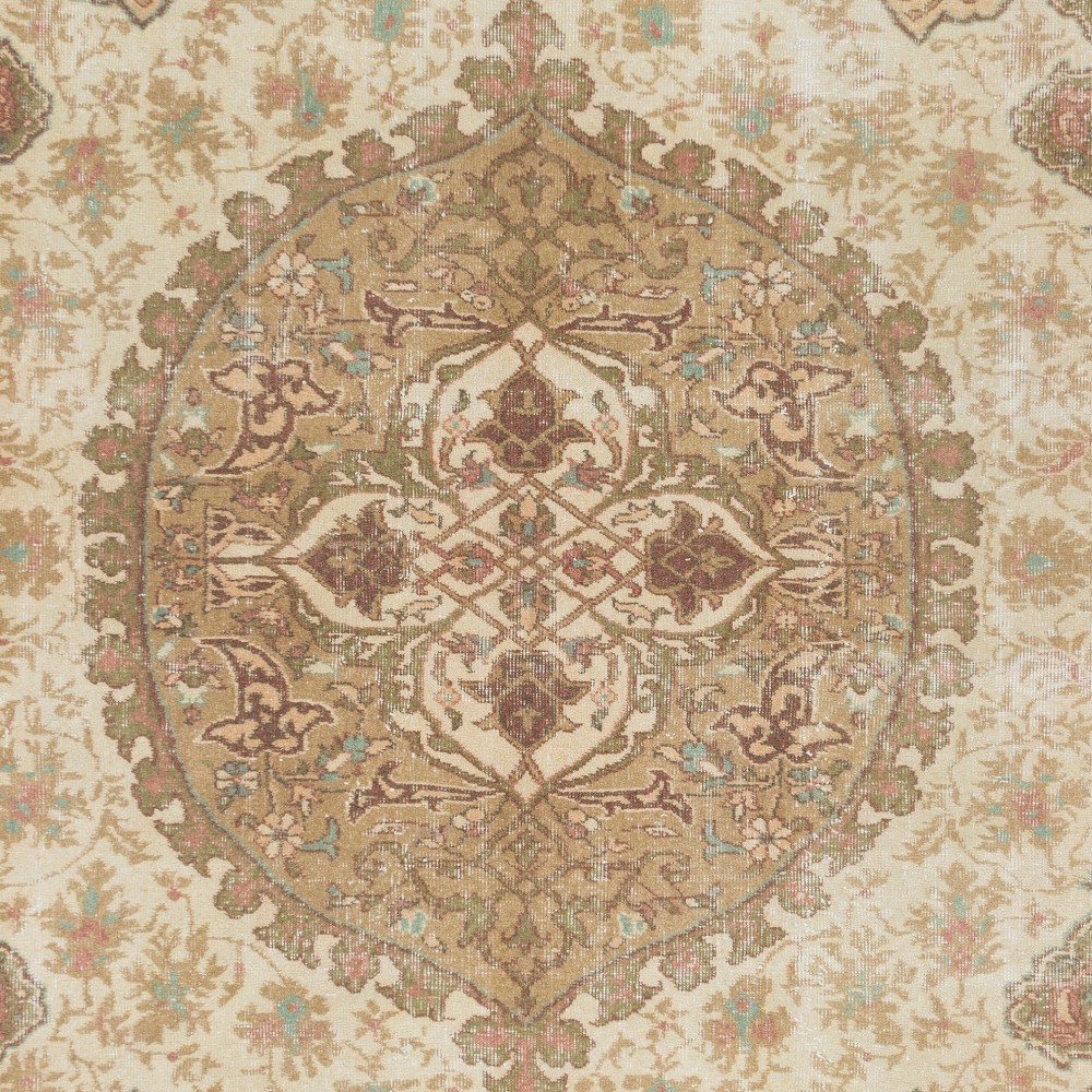 Vintage Handknotted Turkish Wool Area Rug in Muted Sage Green, Cream & Terracotta Vintage Handknotted Turkish Wool Area Rug in Muted Sage Green, Cream & Terracotta