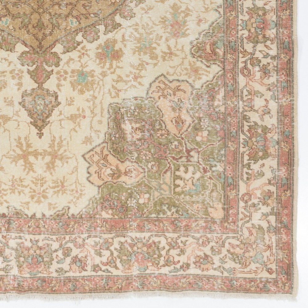 Vintage Handknotted Turkish Wool Area Rug in Muted Sage Green, Cream & Terracotta Vintage Handknotted Turkish Wool Area Rug in Muted Sage Green, Cream & Terracotta