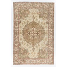 Vintage Handknotted Turkish Wool Area Rug in Muted Sage Green, Cream & Terracotta