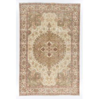 Vintage Handknotted Turkish Wool Area Rug in Muted Sage Green, Cream & Terracotta