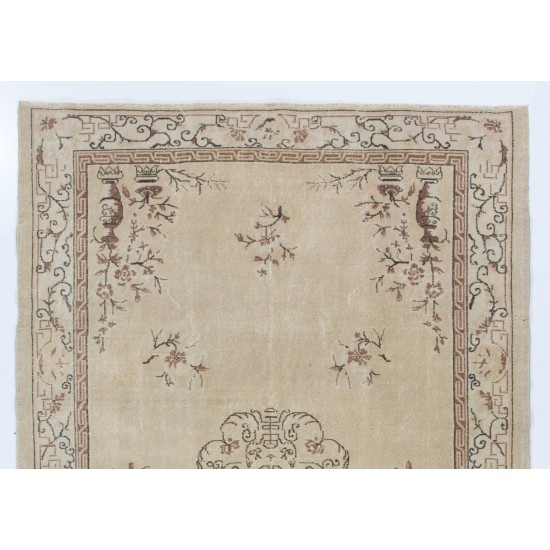 Handmade Vintage Art Deco Chinese Design Handmade Area Rug in Beige, Brown and Black