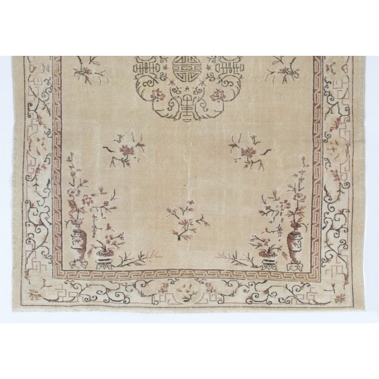 Handmade Vintage Art Deco Chinese Design Handmade Area Rug in Beige, Brown and Black Handmade Vintage Art Deco Chinese Design Handmade Area Rug in Beige, Brown and Black