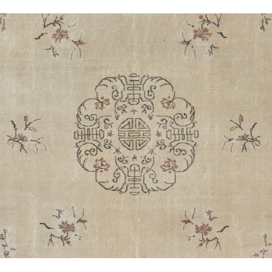 Handmade Vintage Art Deco Chinese Design Handmade Area Rug in Beige, Brown and Black