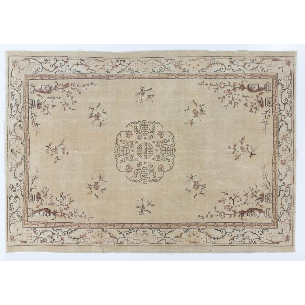 Handmade Vintage Art Deco Chinese Design Handmade Area Rug in Beige, Brown and Black