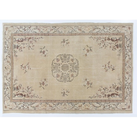 Handmade Vintage Art Deco Chinese Design Handmade Area Rug in Beige, Brown and Black