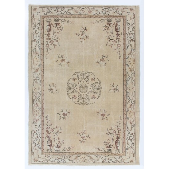 Handmade Vintage Art Deco Chinese Design Handmade Area Rug in Beige, Brown and Black