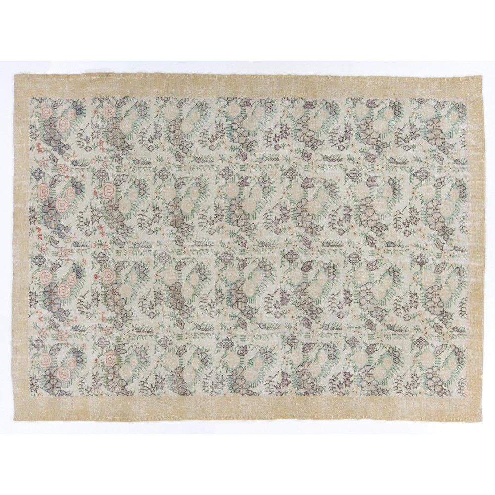 Vintage Floral Patterned Turkish Handmade Rug in Soft Colors