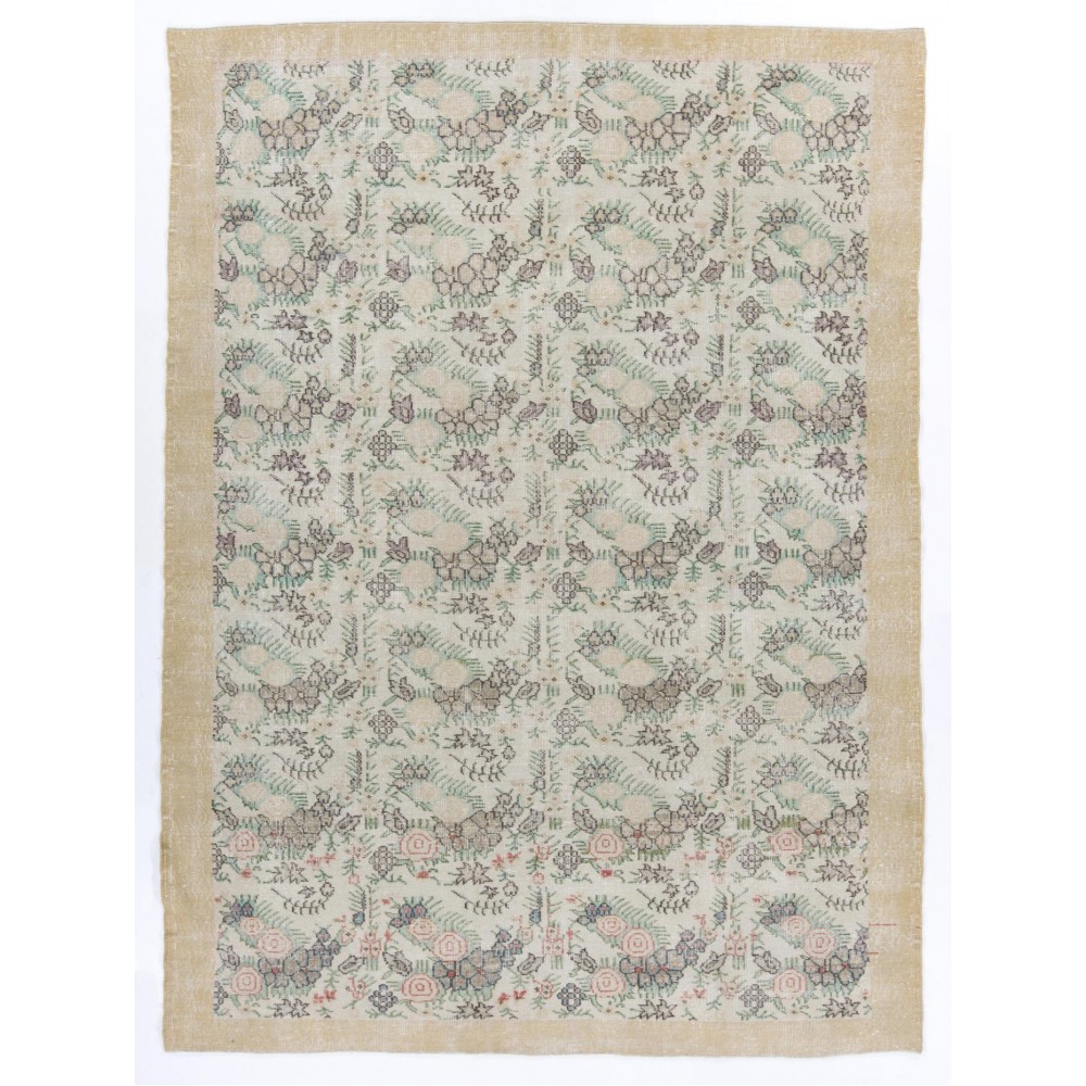 Vintage Floral Patterned Turkish Handmade Rug in Soft Colors