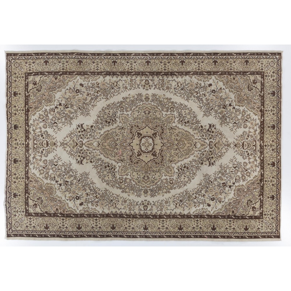 Hand Knotted Vintage Medallion Design Anatolian Rug in Neutral Colors
