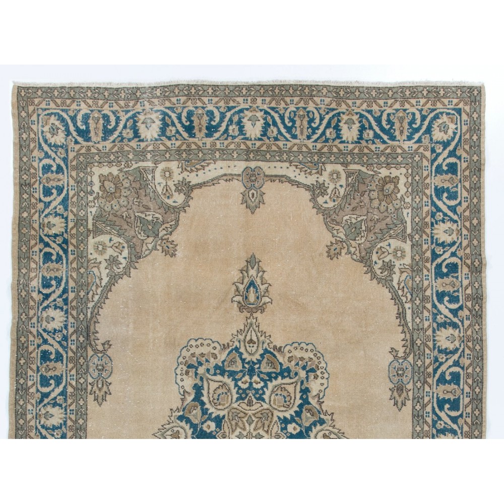 Vintage Handmade Anatolian Turkish Rug in Beige and Blue Colors