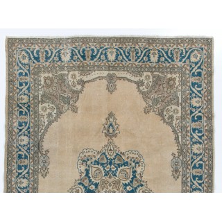 Vintage Handmade Anatolian Turkish Rug in Beige and Blue Colors