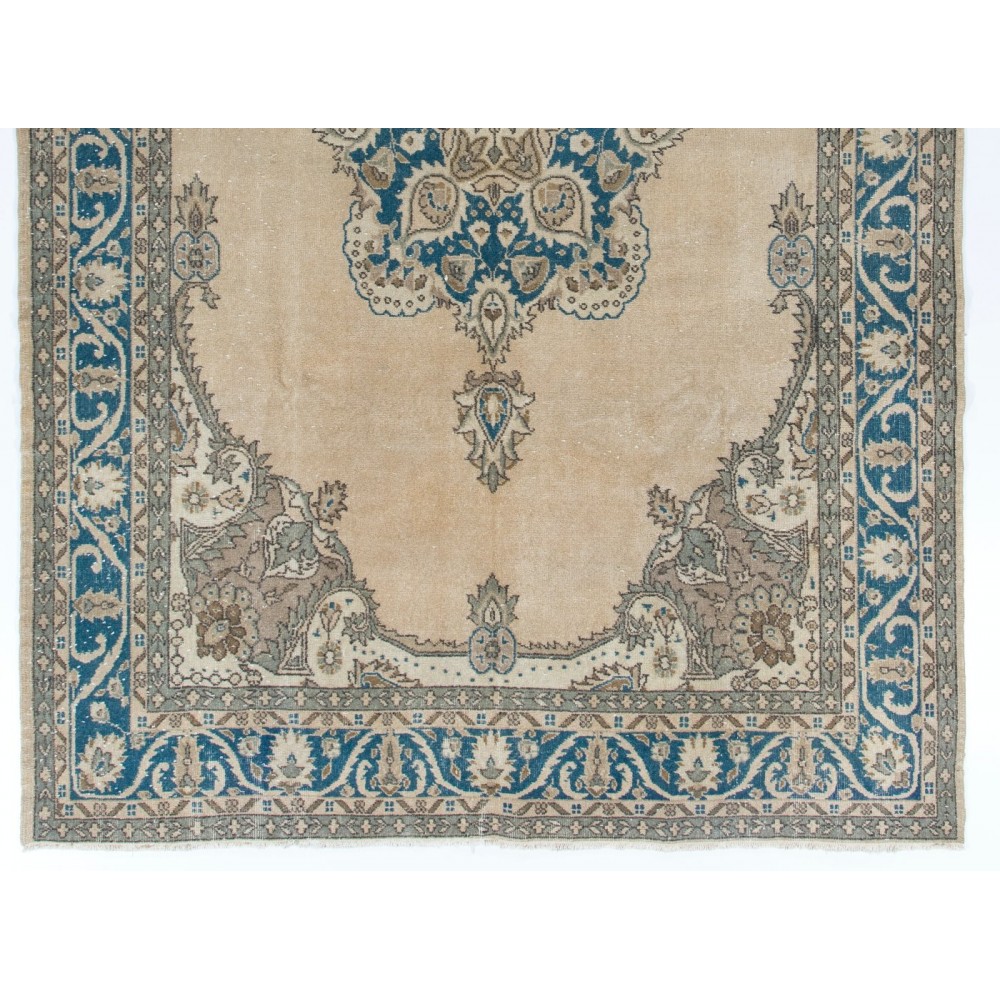 Vintage Handmade Anatolian Turkish Rug in Beige and Blue Colors