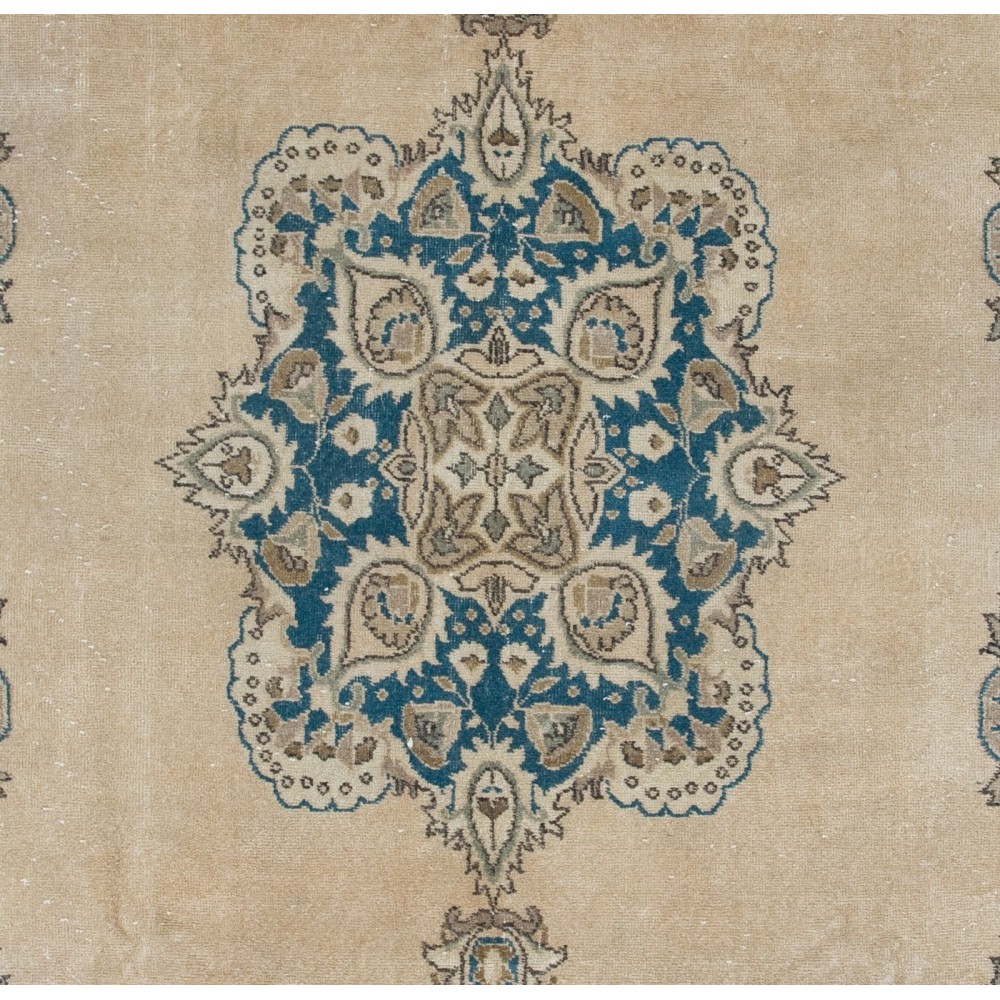 Vintage Handmade Anatolian Turkish Rug in Beige and Blue Colors