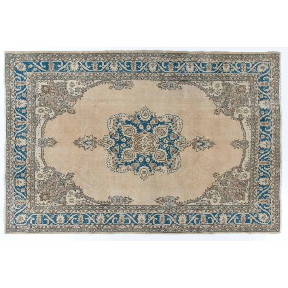 Vintage Handmade Anatolian Turkish Rug in Beige and Blue Colors