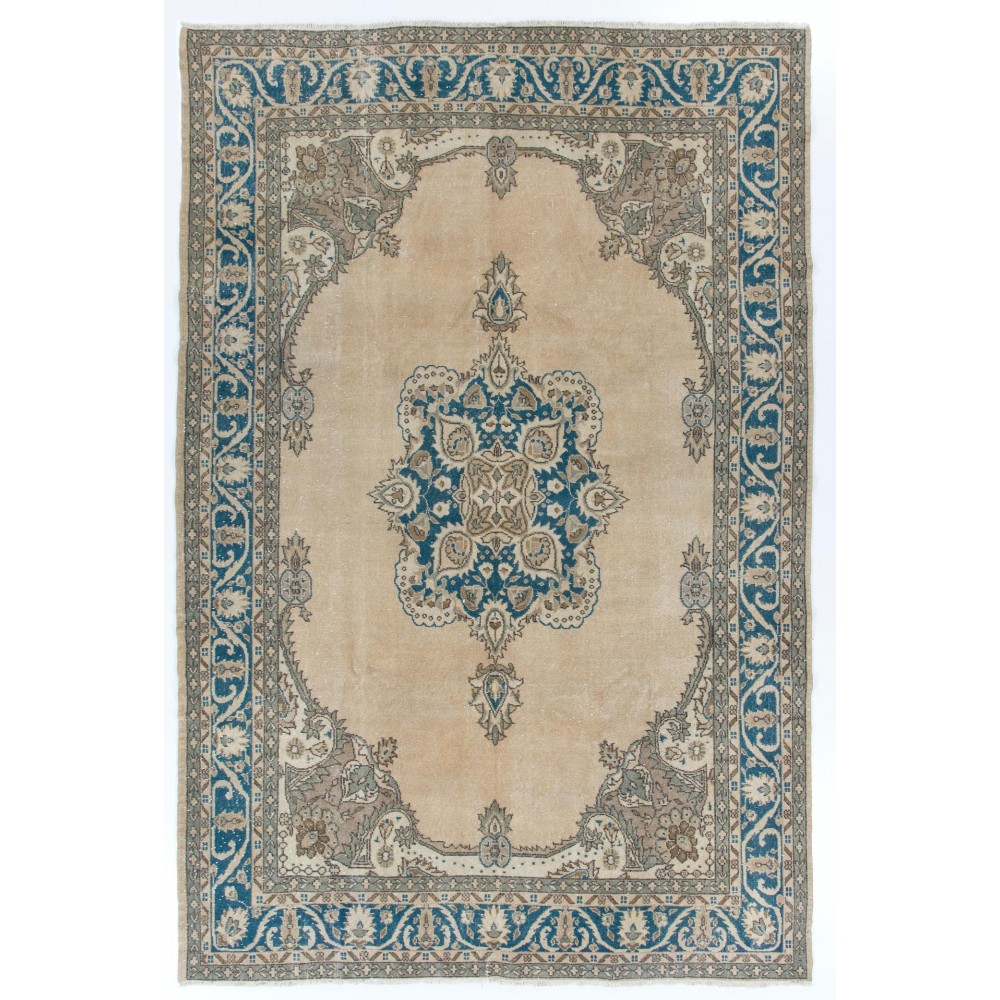 Vintage Handmade Anatolian Turkish Rug in Beige and Blue Colors