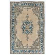 Vintage Handmade Anatolian Turkish Rug in Beige and Blue Colors
