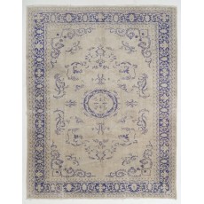Vintage Handknotted Turkish Wool Area Rug in Indigo Blue & Beige with Medallion Design