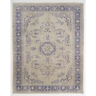 Vintage Handknotted Turkish Wool Area Rug in Indigo Blue & Beige with Medallion Design