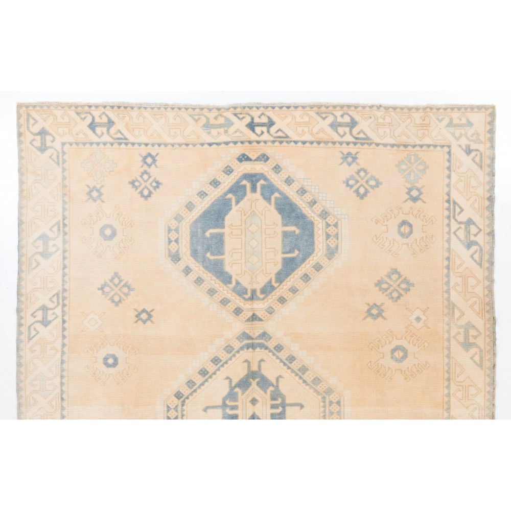 Vintage Hand Knotted Anatolian Rug in Salmon Pink, Cream and Light Blue Colors