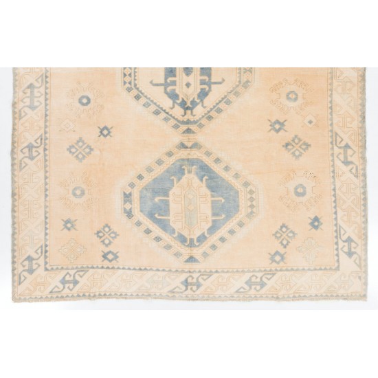 Vintage Hand Knotted Anatolian Rug in Salmon Pink, Cream and Light Blue Colors
