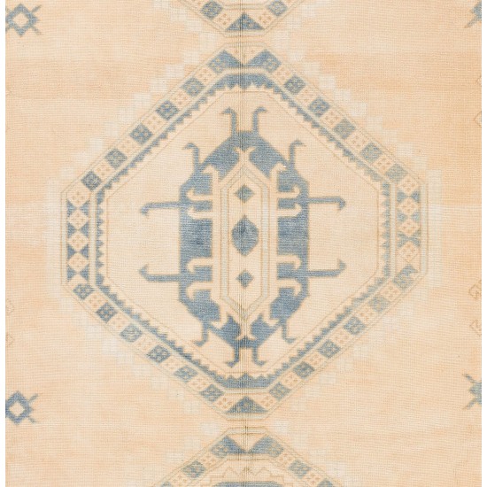 Vintage Hand Knotted Anatolian Rug in Salmon Pink, Cream and Light Blue Colors