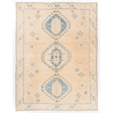 Vintage Hand Knotted Anatolian Rug in Salmon Pink, Cream and Light Blue Colors