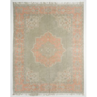 Vintage Oushak Rug in Sage Green & Soft Salmon with Geometric Medallion, 100% Wool, Natural Dyes. Handknotted Turkish Carpet