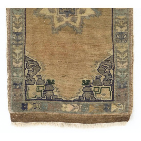 Handmade Anatolian Oushak Accent Rug in Muted Colors. Small Vintage Cushion or Seat Cover