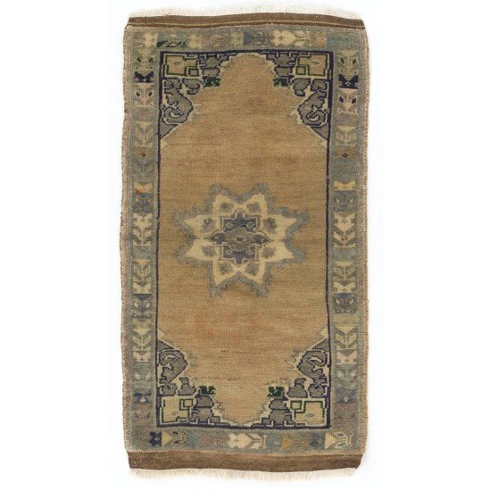 Handmade Anatolian Oushak Accent Rug in Muted Colors. Small Vintage Cushion or Seat Cover