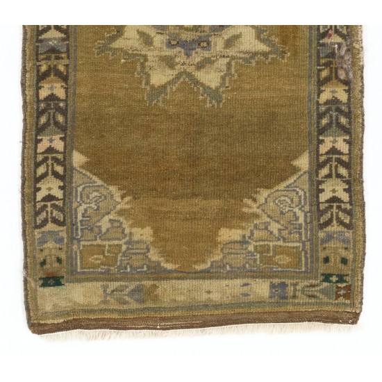 Vintage Turkish Oushak Accent Rug in Muted Colors. Small Handmade Door Mat