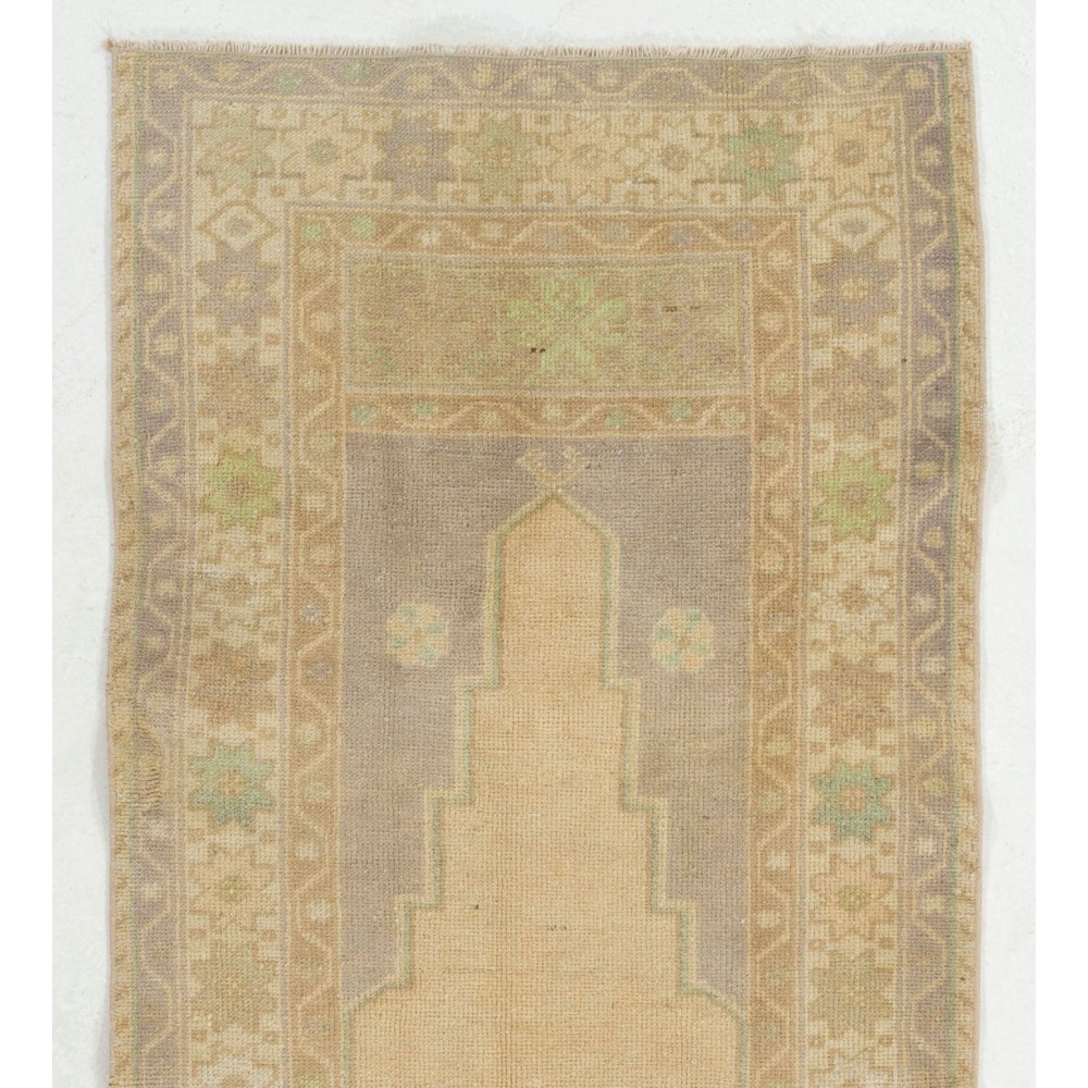 Faded Vintage Handmade Turkish Prayer Rug in Neutral Colors