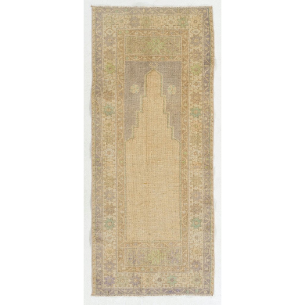 Faded Vintage Handmade Turkish Prayer Rug in Neutral Colors