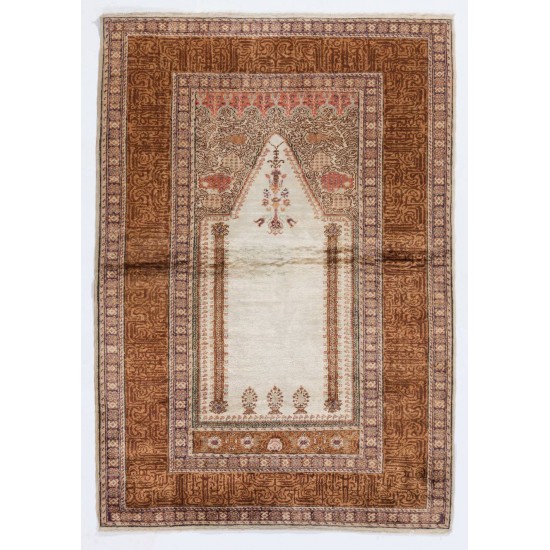 Vintage Anatolian Art Silk Prayer Rug