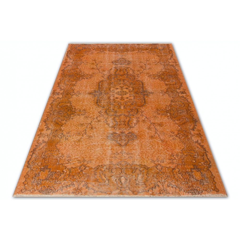 Orange Over-dyed Vintage Turkish Area Rug with Medallion Design