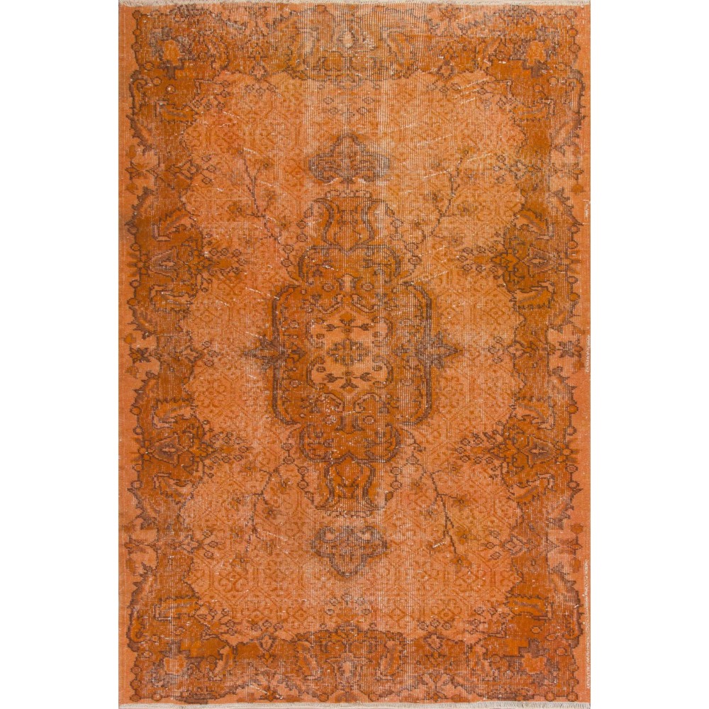 Orange Over-dyed Vintage Turkish Area Rug with Medallion Design