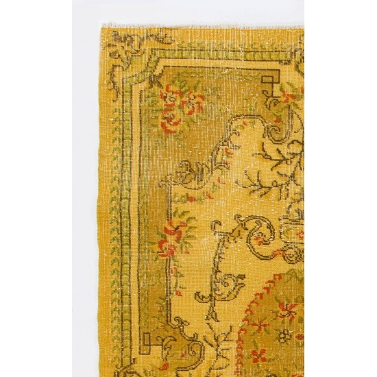Yellow Color Overdyed Handmade Vintage Turkish Rug with Medallion Design