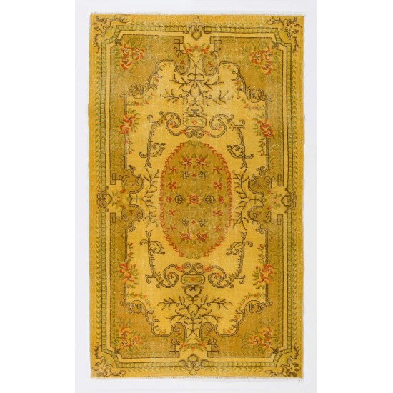 Yellow Color Overdyed Handmade Vintage Turkish Rug with Medallion Design