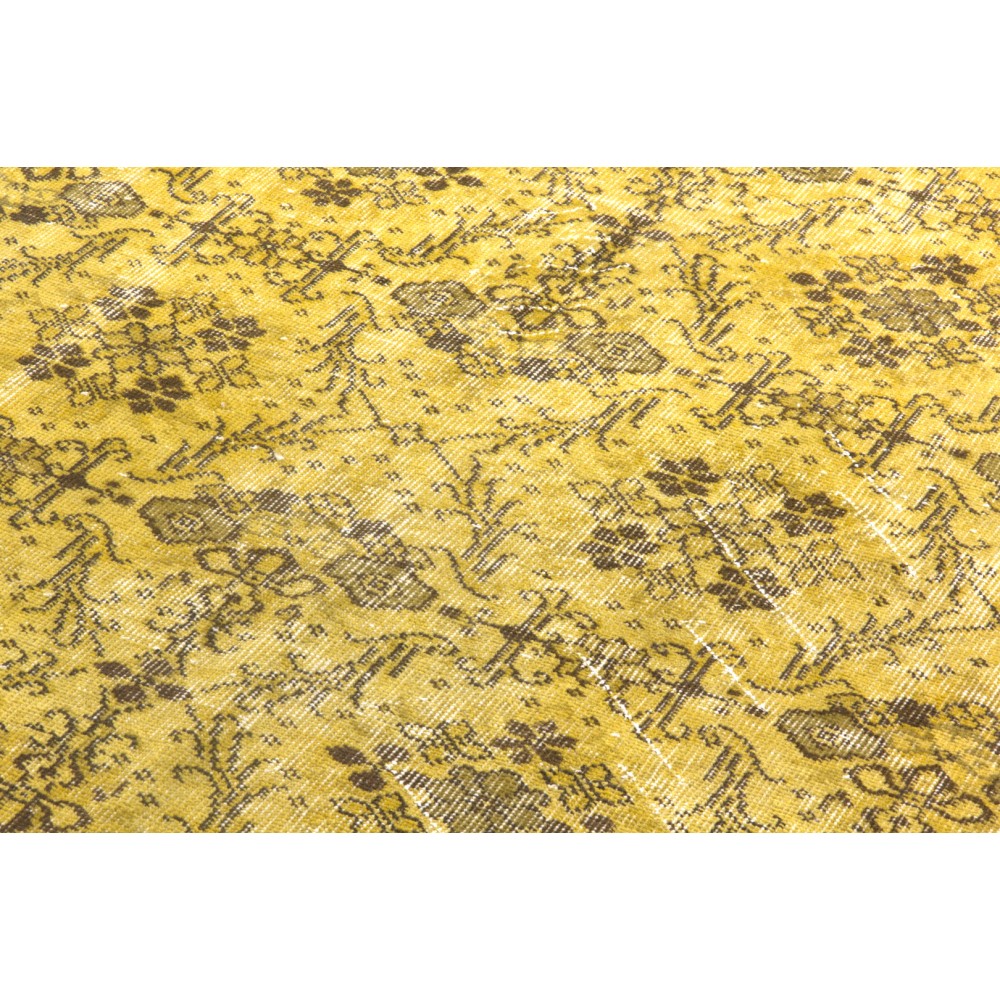 Yellow Color Overdyed Handmade Vintage Turkish Rug with Floral Design