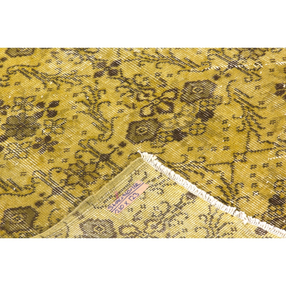 Yellow Color Overdyed Handmade Vintage Turkish Rug with Floral Design
